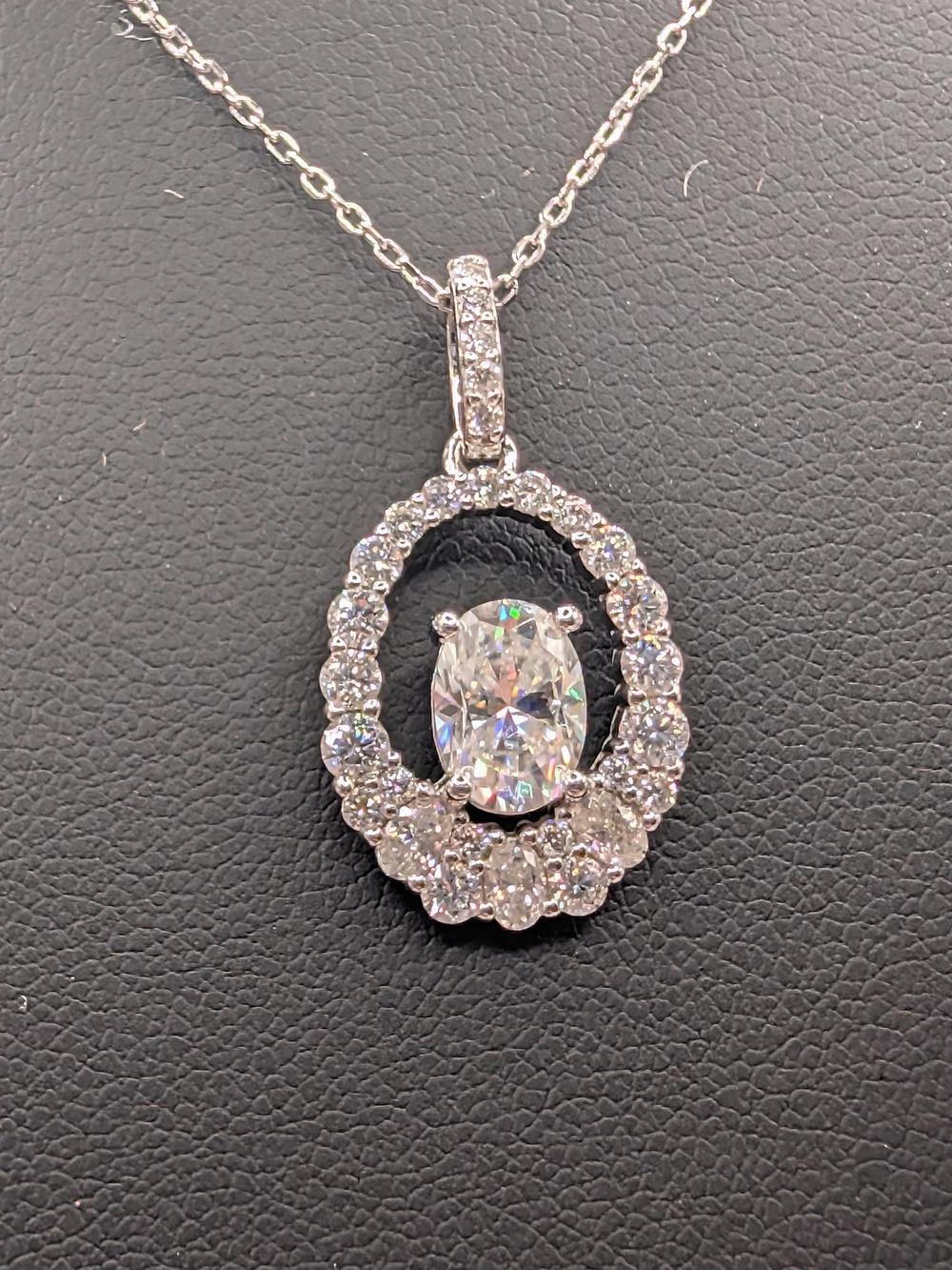 Moissanite Halo Oval Pendant Necklace .925 Sterling Silver 2.00 CTW 16"-18"